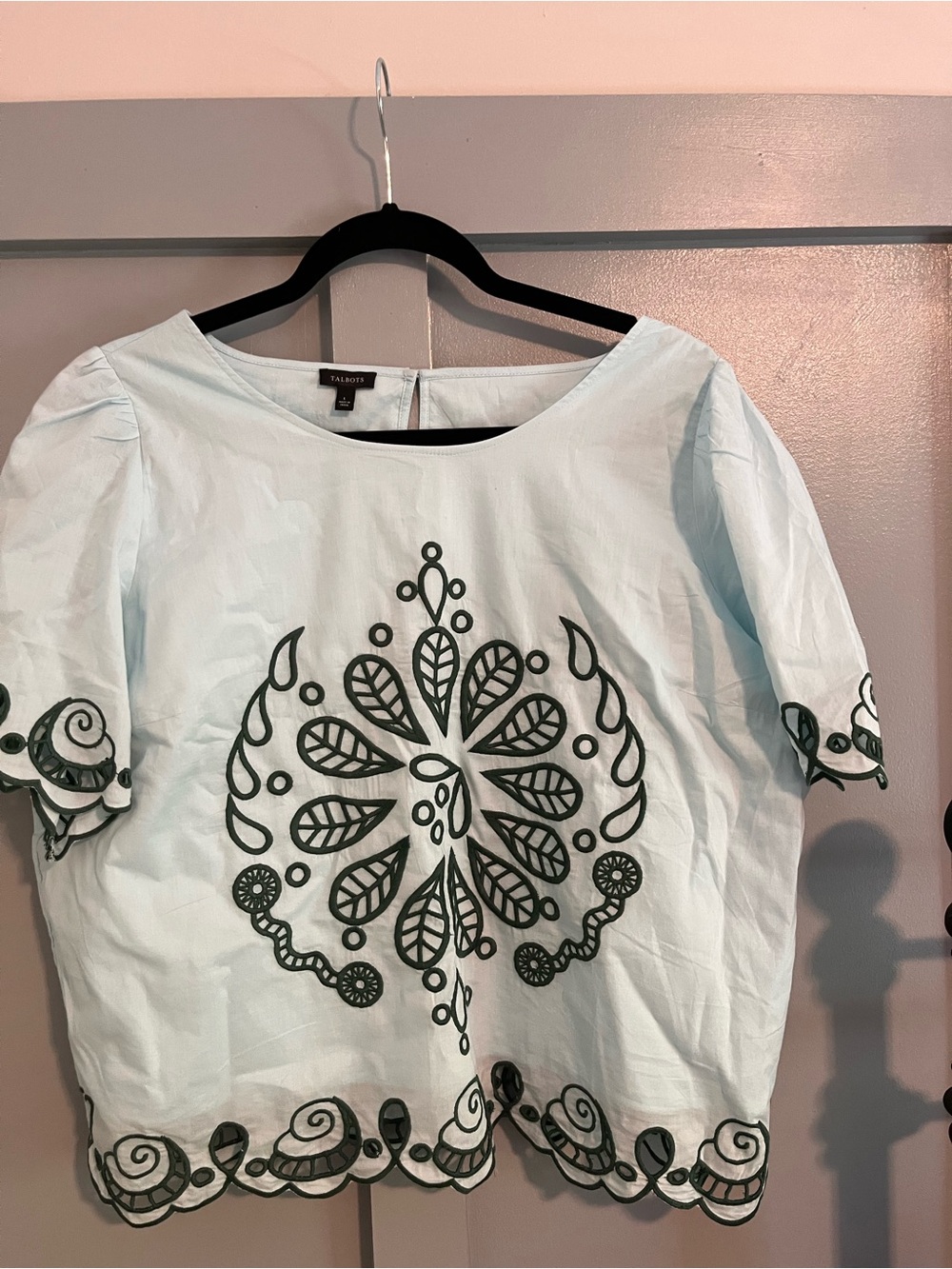 Talbots Pale Blue / green Short Sleeve Embroidered Blouse